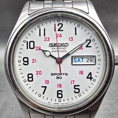Seiko Railroad Approved Watch Men 37mm White Dial Silver Daydate 7N43-9A00 Runs1