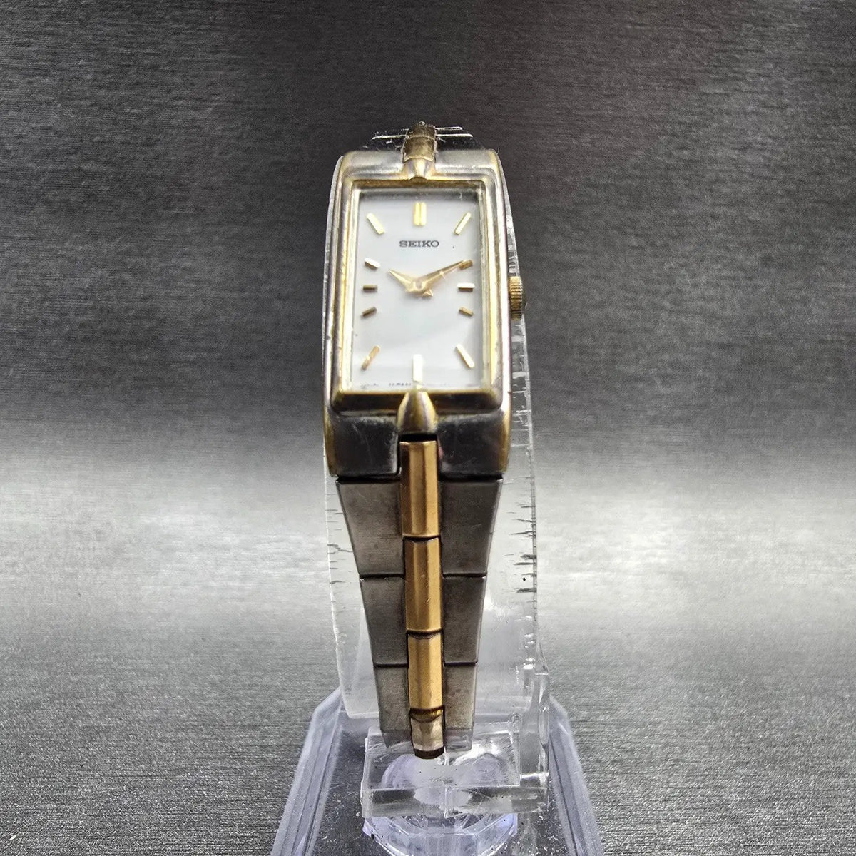 Seiko Watch Women 13mm White Dial Two Tone Rectangle 2E20-7479 New Battery JP25