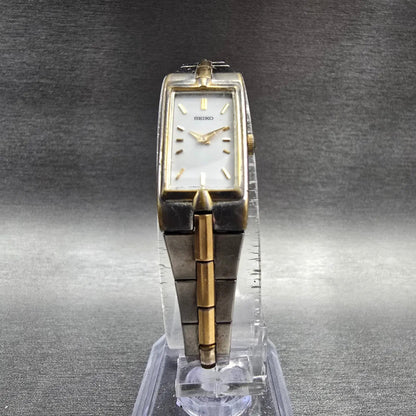 Seiko Watch Women 13mm White Dial Two Tone Rectangle 2E20-7479 New Battery JP25