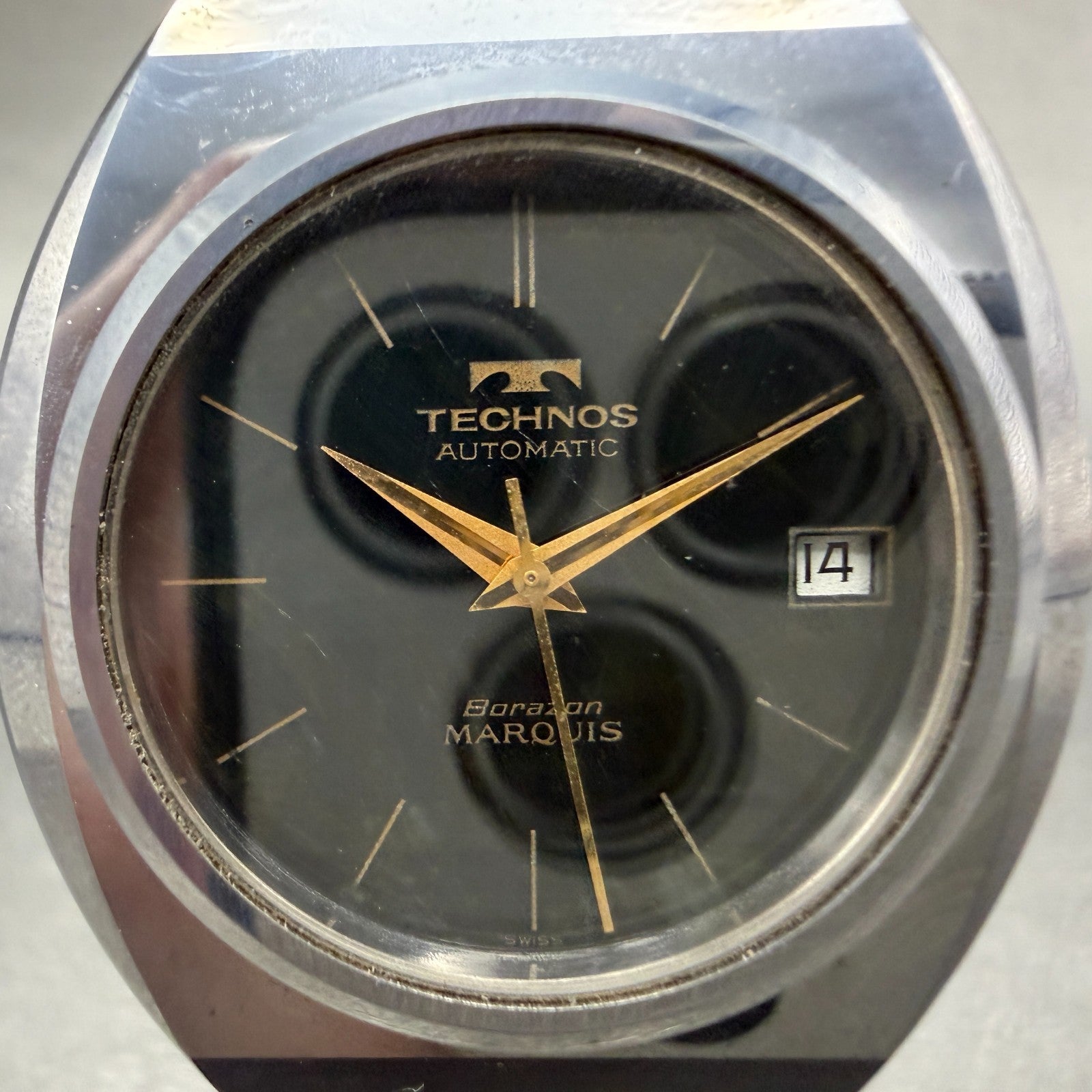 Technos Borazon Watch Men 37mm Black Dial Tungsten Date Round Automatic VTG1