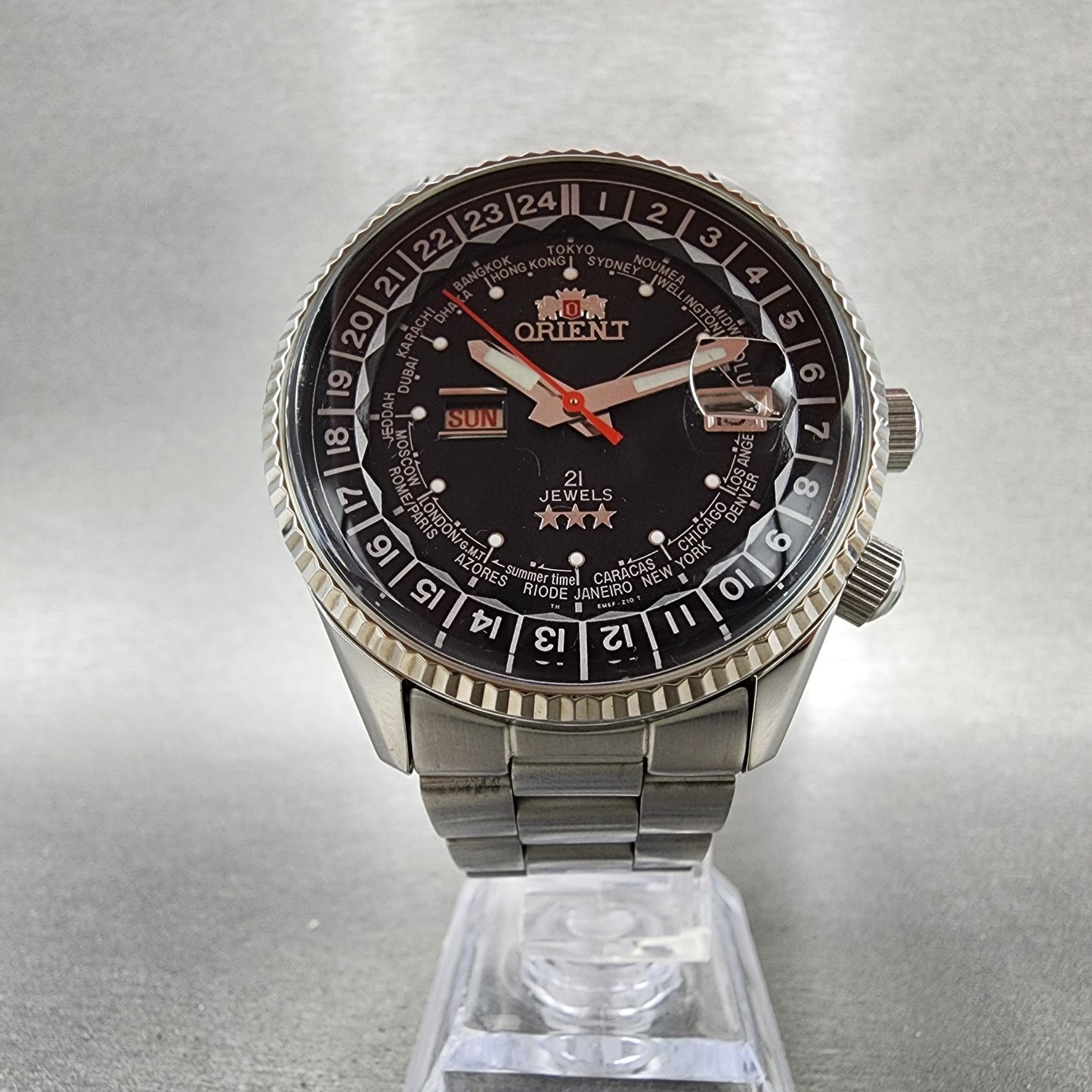 Orient King Master World Time Watch Men 42mm Black Dial Steel Daydate EM6FC35