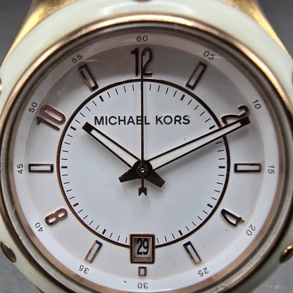 Michael Kors Watch Women 42mm White Dial Rose Gold Tone Date MK-5261 New Battery1