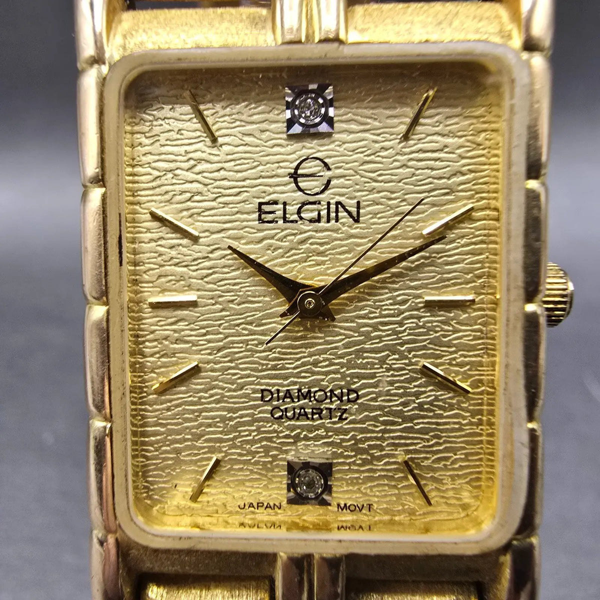 Elgin Tank Watch Men 23mm Champagne Dial Gold Rectangle Diamond Quartz New batt1