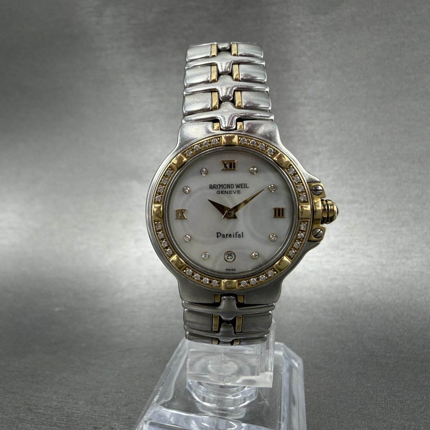 Raymond Weil Parsifal Watch Women 27mm MOP Dial Steel Diamond Bezel Date NewbatA5
