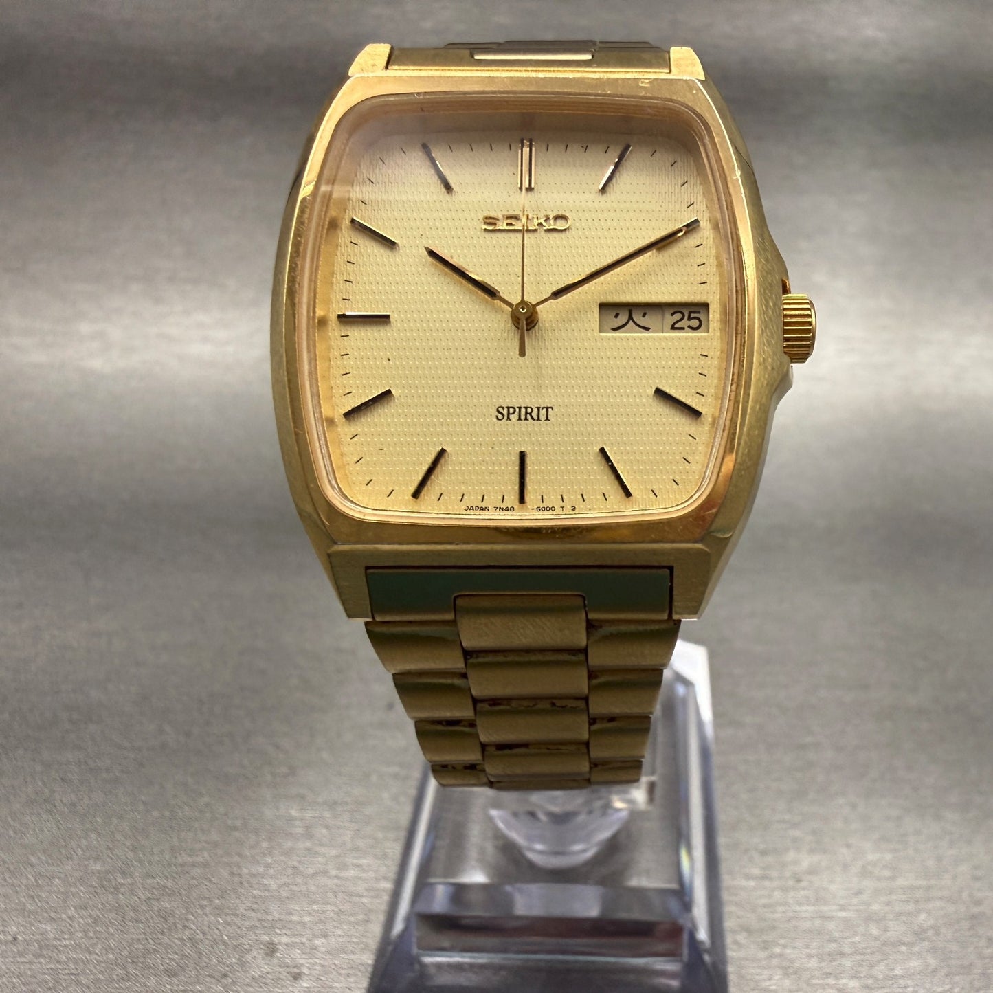 Seiko Spirit Watch Men 32mm Champagne Dial Gold Tone Daydate 7N48-5000 New Batt5