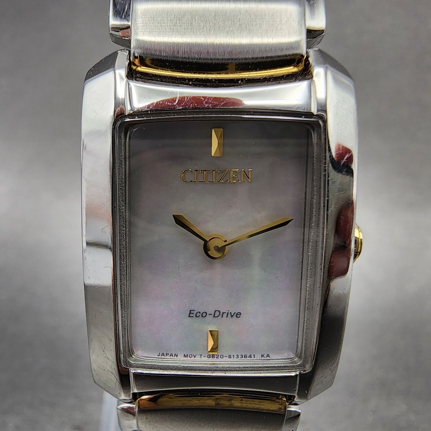 Citizen EcoDrive Tank Watch Women 20mm MOP Dial Two Tone Rectangle Runs1