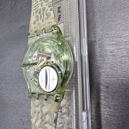 Swatch Tai Sun Watch Men 34mm Silver Dial Green Case GG133 New Battery NOS11