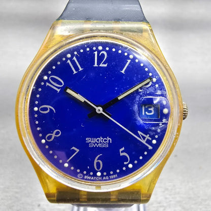 Swatch Blu-Lui Watch Men 34mm Blue Dial Clear Case Date Round GK400 New Bat1