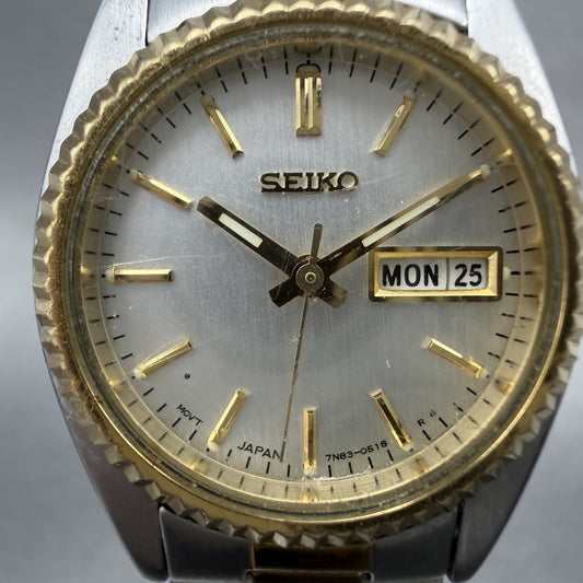 Seiko Watch Women 25mm White Dial Two Tone daydate Round 7n830041 New Batt AT31