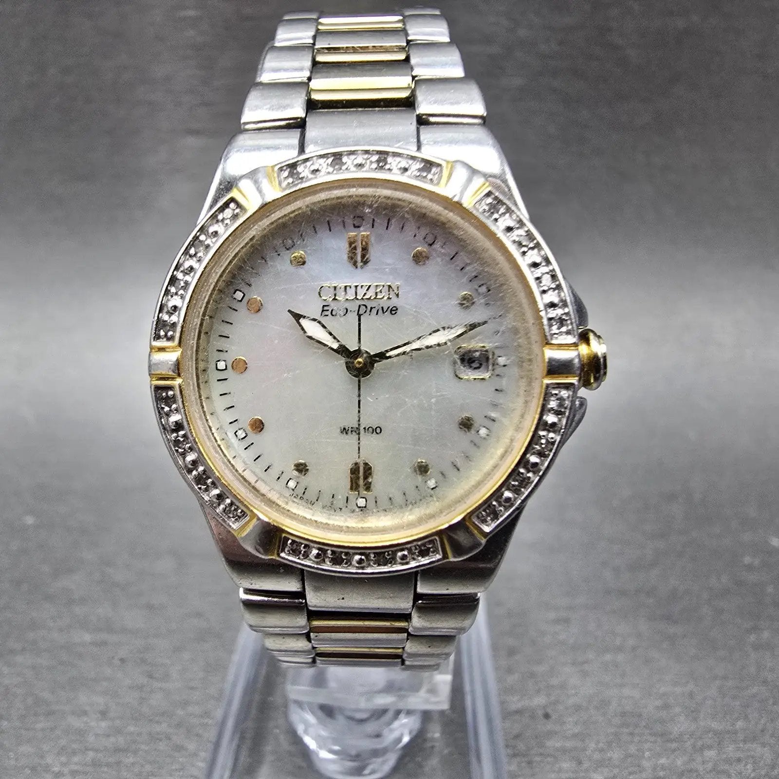 Citizen Eco-Drive Watch Women 27mm MOP Dial Two Tone Gemmed E011-S044235 Works K0