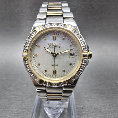 Citizen Eco-Drive Watch Women 27mm MOP Dial Two Tone Gemmed E011-S044235 Works K0