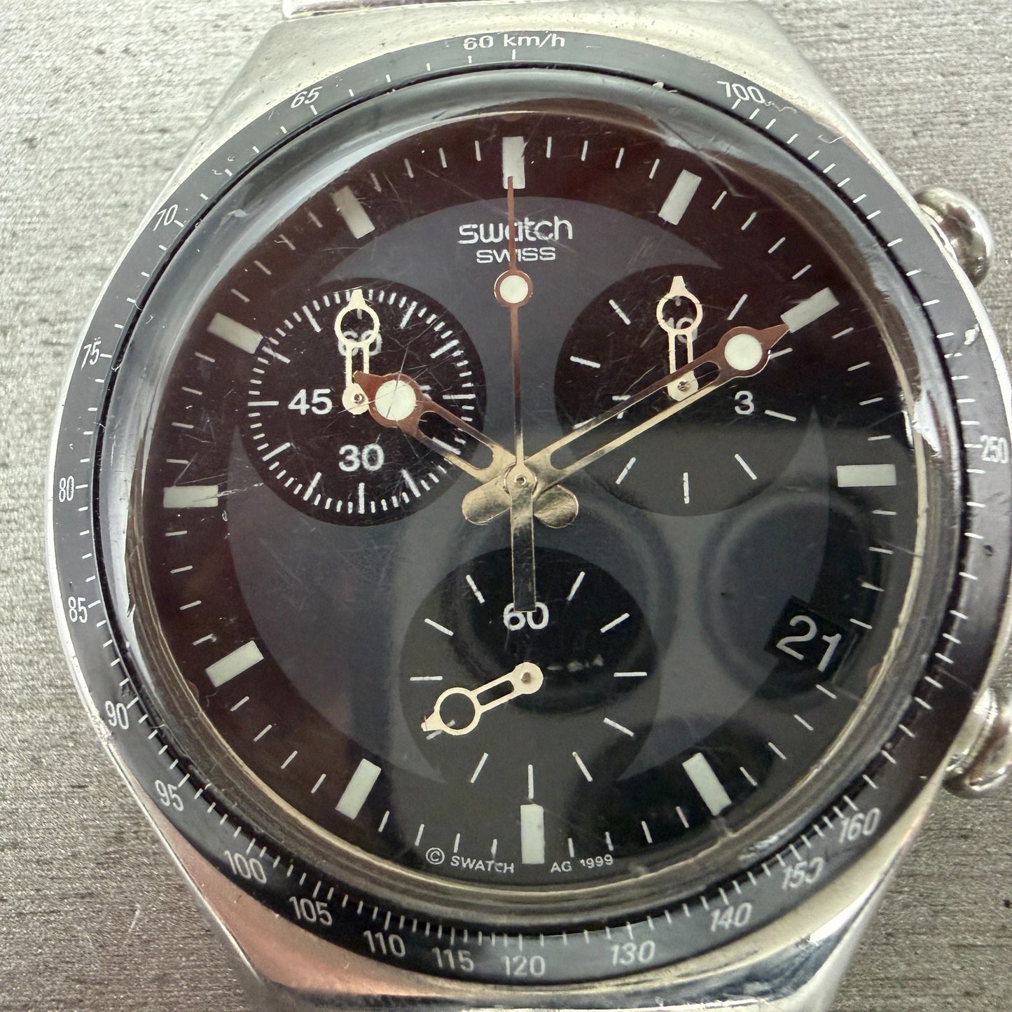 Swatch Irony Chrono Windfall Watch Men 40mm Black Dial Silver Tone New BatteryAB1