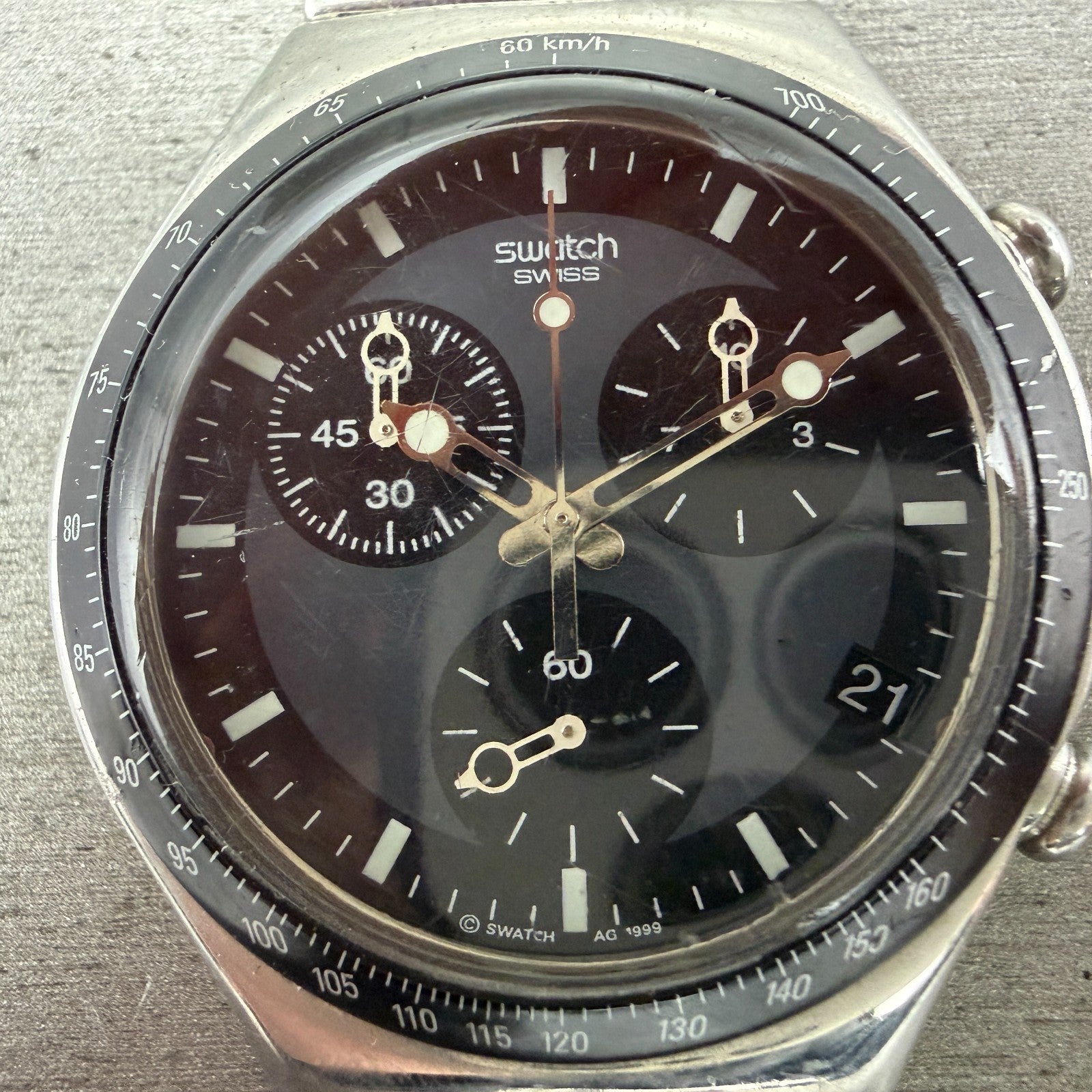 Swatch Irony Chrono Windfall Watch Men 40mm Black Dial Silver Tone New BatteryAB1