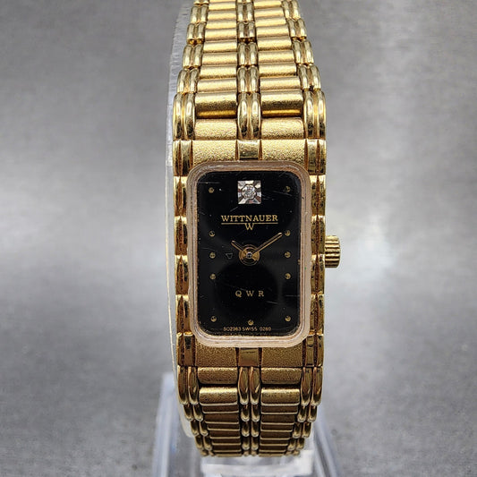 Wittnauer QWR Tank Watch Women 13mm Black Dial Gold Tone Rectangle New Battery0