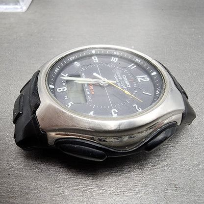 Casio Wave Ceptor Watch Men 42mm Black Dial Silver Tone Analog Digital Solar B125