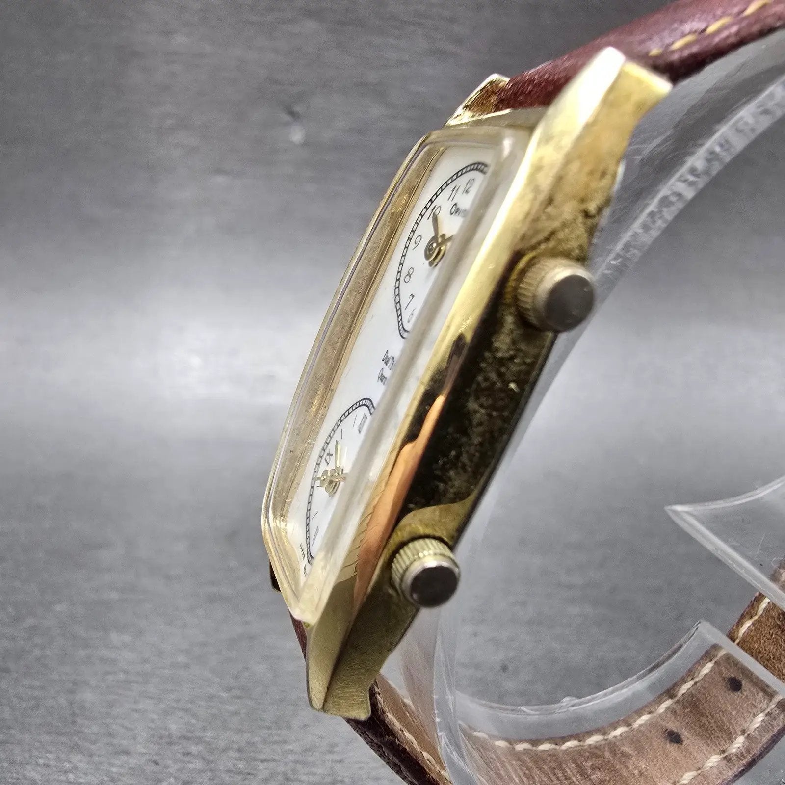 Orvis Dual Time Watch Women 19mm White Dial Gold Tone Rectangle New Battery2