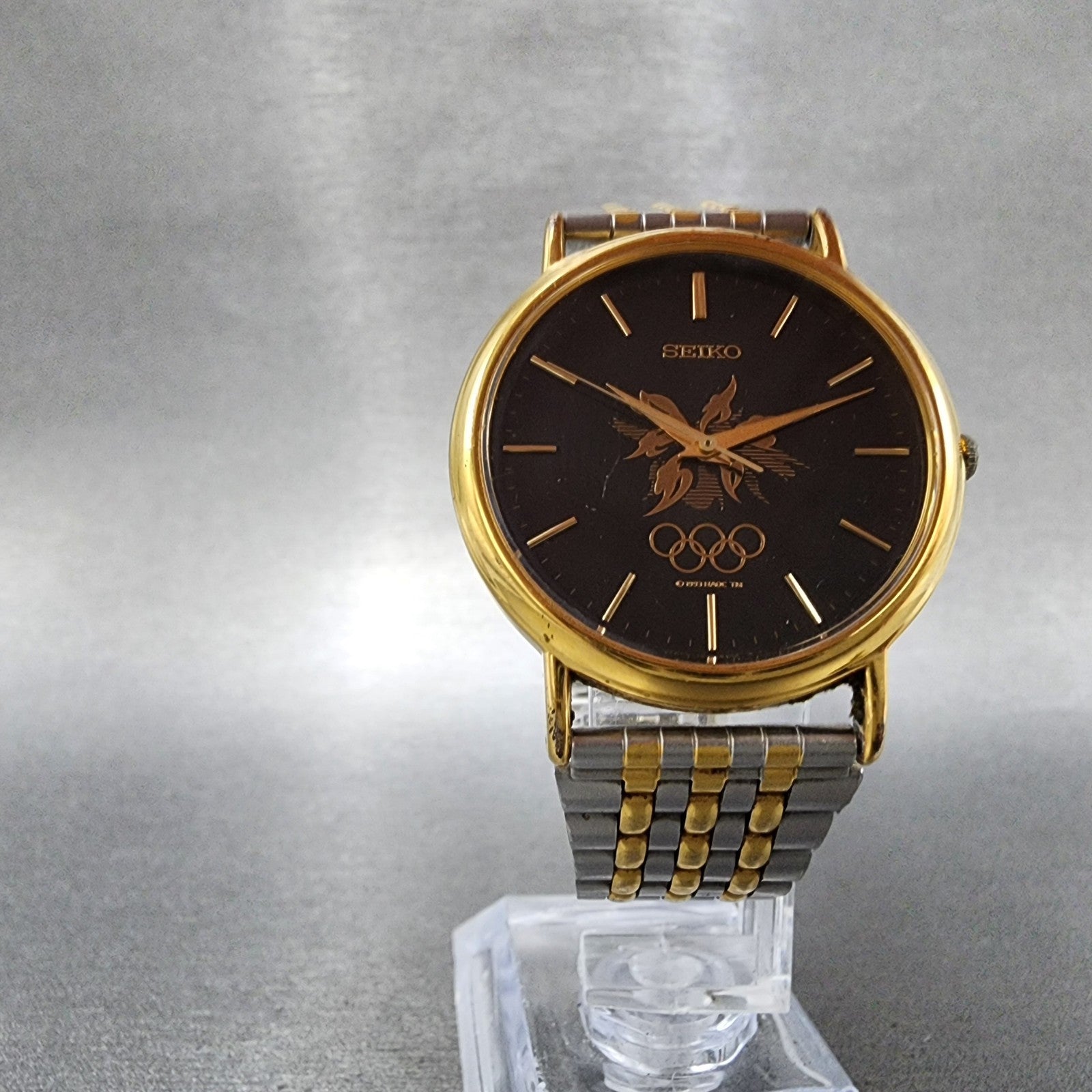 Seiko Watch Men 34mm Black Dial Two Tone Olympic 7n218a00 New Battery5