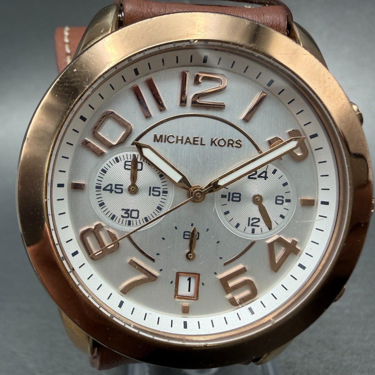 Michael Kors Mercer Watch 42mm Women Silver Dial Rose Gold Chrono New Battery1