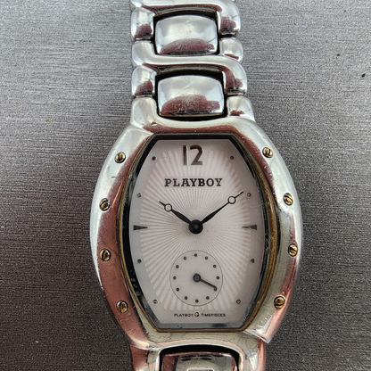 Playboy Watch Unisex 29mm White Dial Silver Tone Oval New battery MISSING CLASP1