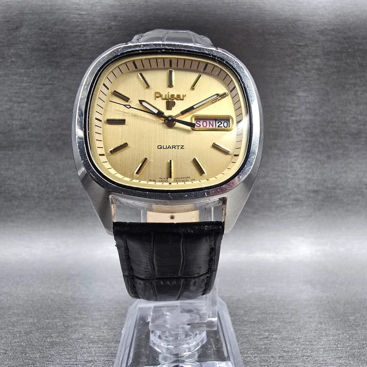 Seiko Pulsar Watch Men 36mm Gold Dial Silver Daydate Y513-503H New Battery5