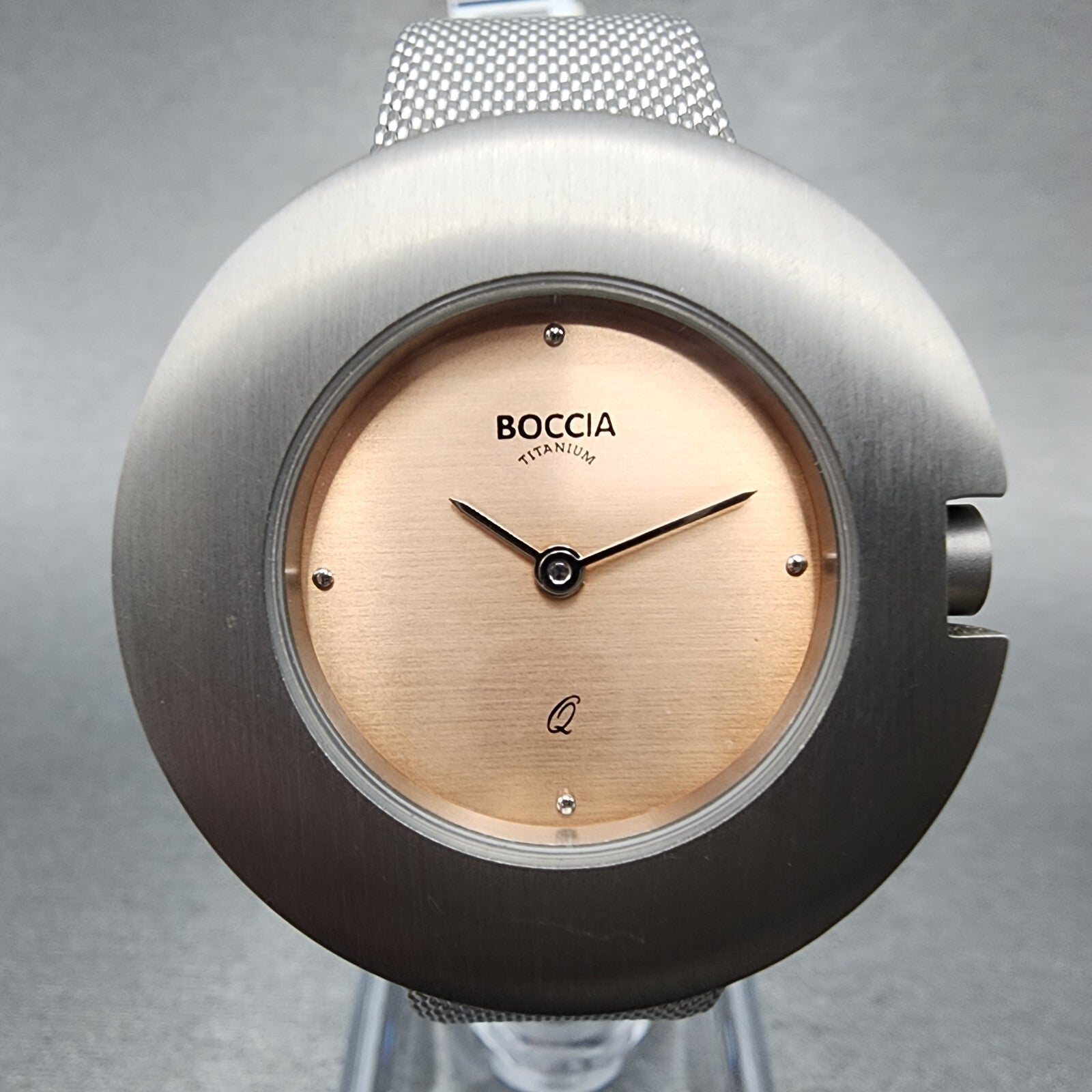 Boccia Titanium Watch Women 34mm Pink Dial Gray Case Round Mesh Band New Battery1