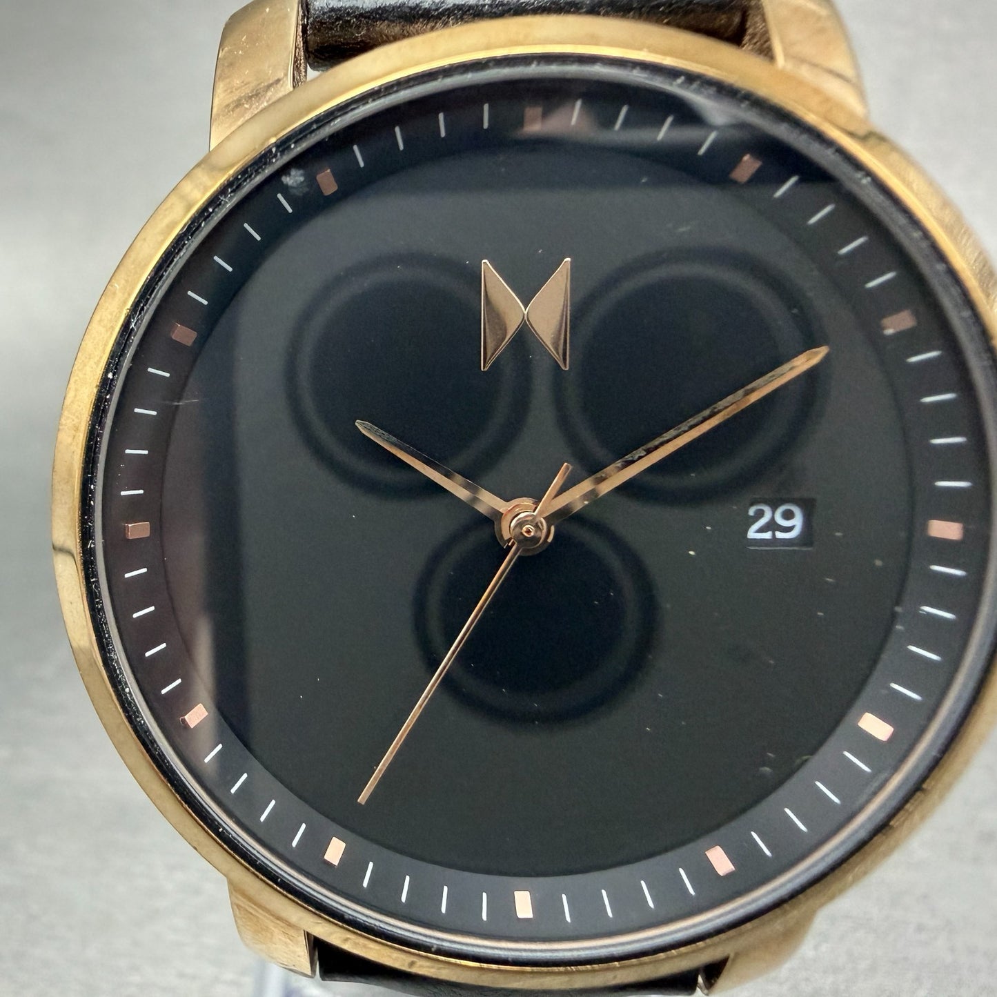 MVMT Boulevard Watch Women 38mm Black Dial Rose Gold Tone Date Leather New BattA1