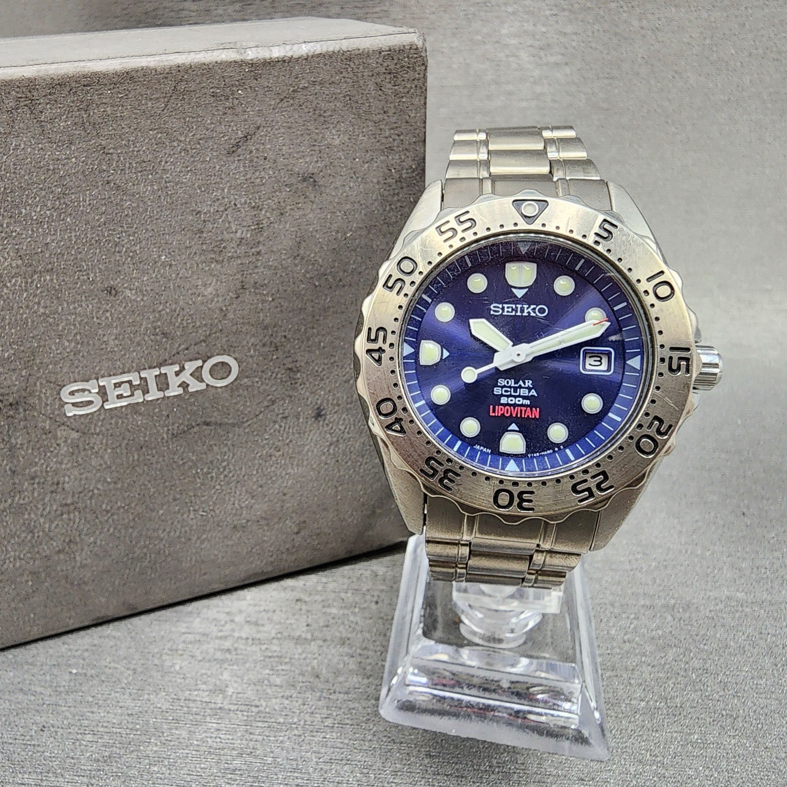 Seiko Prospex Diver Watch Men 41mm Blue Dial Titanium Date Solar V1450AH0 Runs0