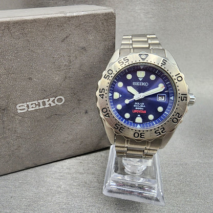 Seiko Prospex Diver Watch Men 41mm Blue Dial Titanium Date Solar V1450AH0 Runs0