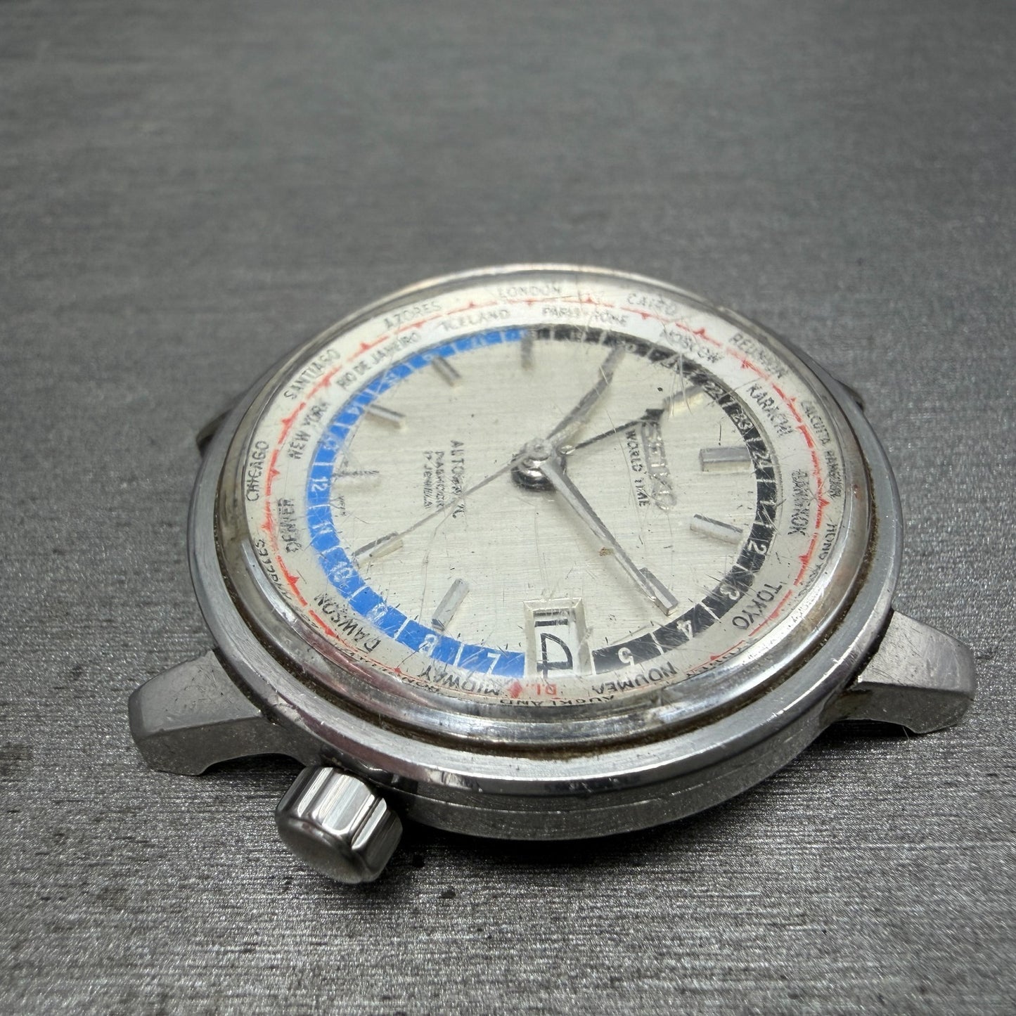 Seiko World Time Automatic Watch Men 38mm Silver Dial Steel 6217-7000 Date Runs5