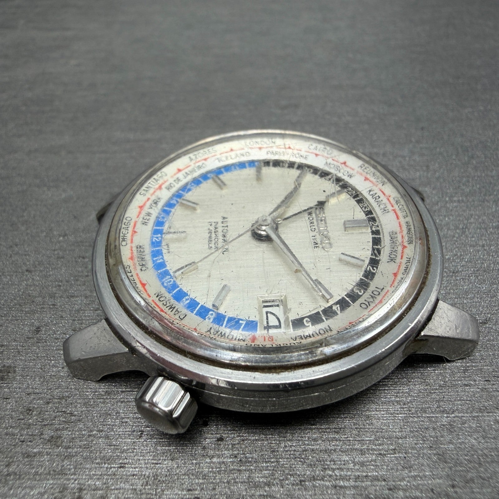 Seiko World Time Automatic Watch Men 38mm Silver Dial Steel 6217-7000 Date Runs5