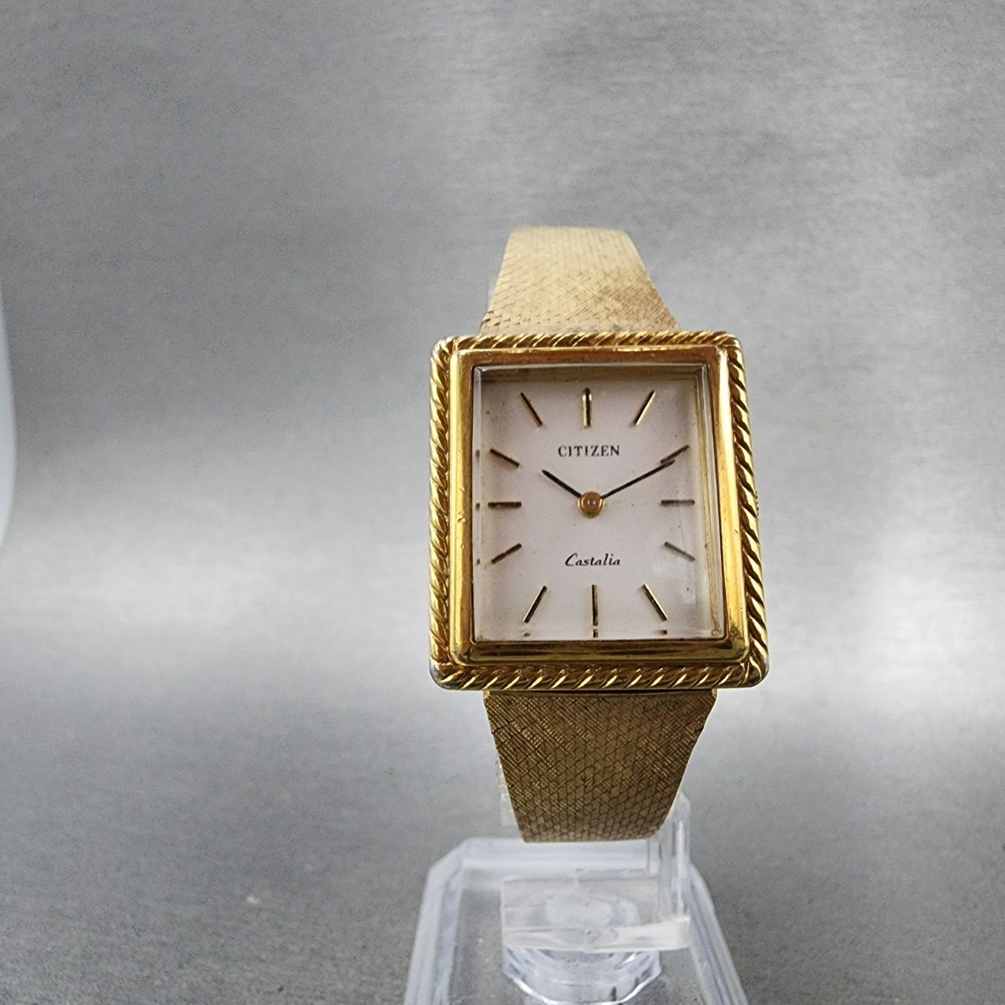 Citizen Castalia Tank Watch Women 24mm White Dial Gold Tone Rectangle Runs5