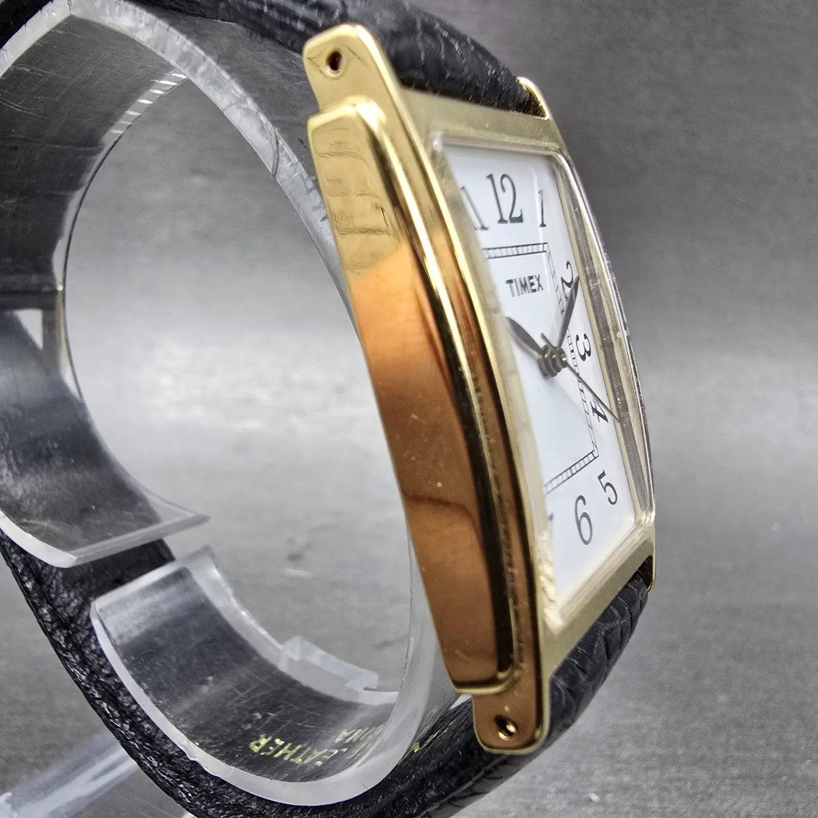 Timex Watch Men 23mm White Dial Gold Tone Rectangle New Battery VTG Leather Band3