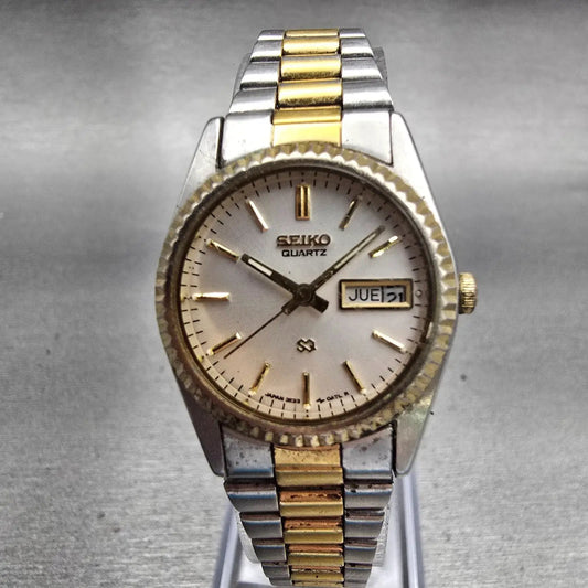 Seiko SQ Watch Women 24mm Silver Dial Two Tone Daydate Round 3E23-0A69 New Batt0