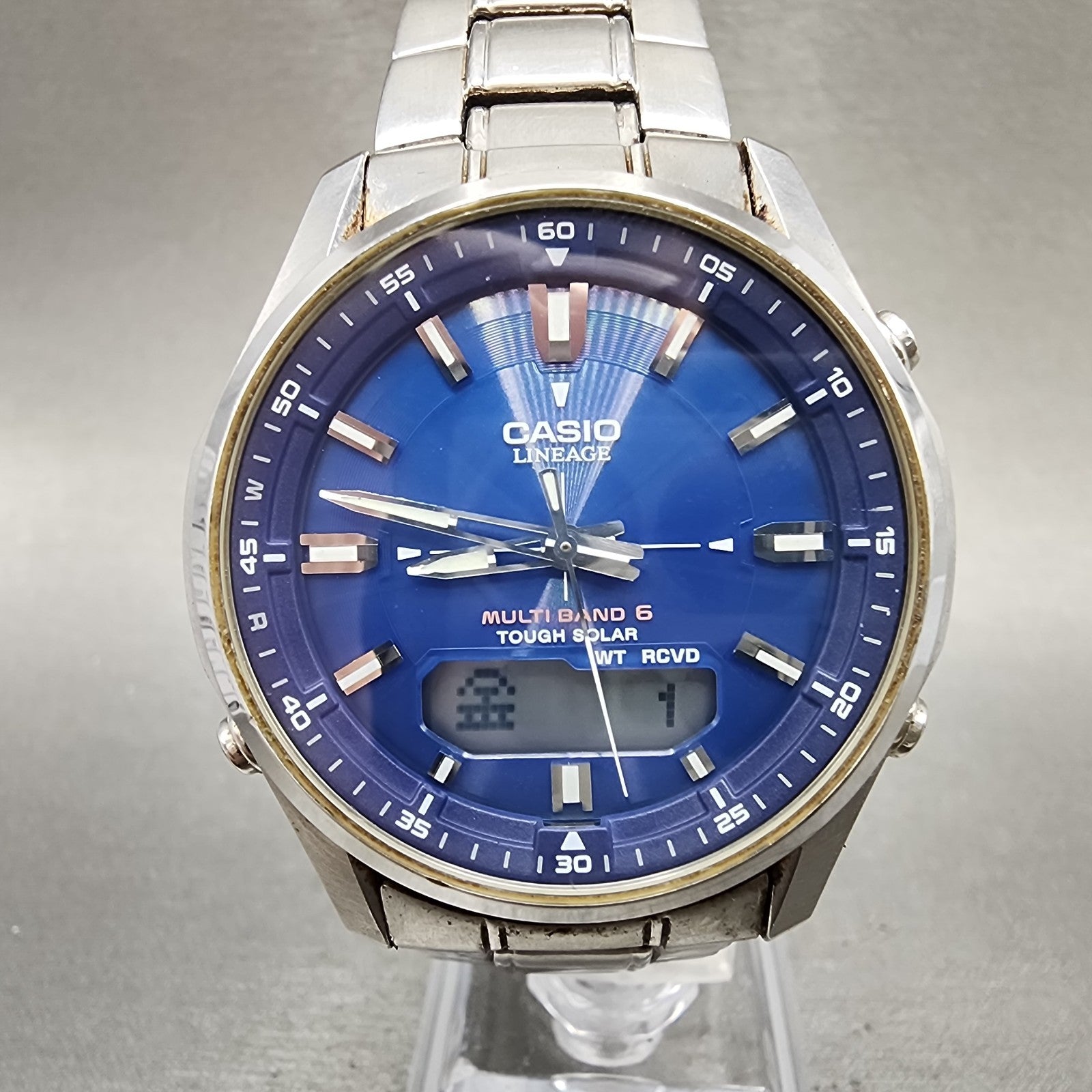 Casio Lineage Watch Men 40mm Blue Dial Silver Tone Analog Digital Solar Runs0