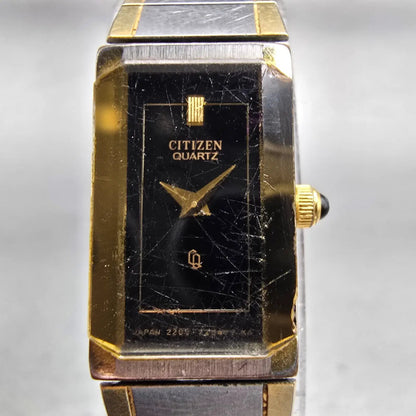Citizen CQ Watch Women 12mm Black Dial Two Tone Rectangle 2200-223594 New Batt1
