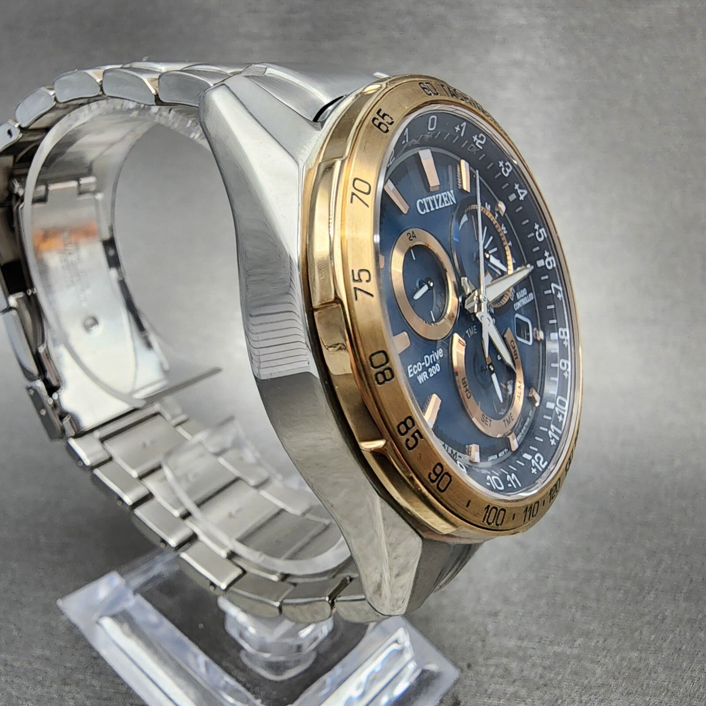 Citizen EcoDrive PCAT Watch Men 43mm Blue Dial Two Tone Alarm Chrono CB591659L3