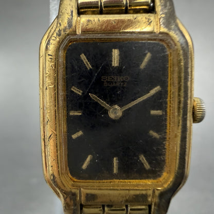 Seiko Tank Watch Women 17mm Black Dial Gold Tone Rectangle V400-5498 New Batt HJ1