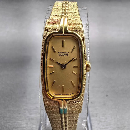 Seiko Watch Women 13mm Gold Dial Gold Tone Rectangle 2E20-6319 New Battery VTG0