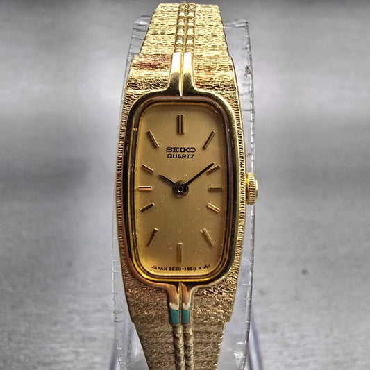 Seiko Watch Women 13mm Gold Dial Gold Tone Rectangle 2E20-6319 New Battery VTG0
