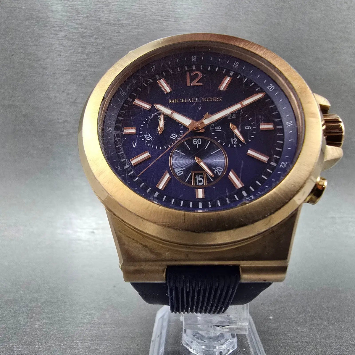 Michael Kors Dylan Chronograph Watch Men 48mm Blue Dial Rose Gold Date New Batt5