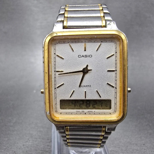Casio AQ-703 Watch Men 27mm White Dial Two Tone Alarm Rectangle New Battery VTG0