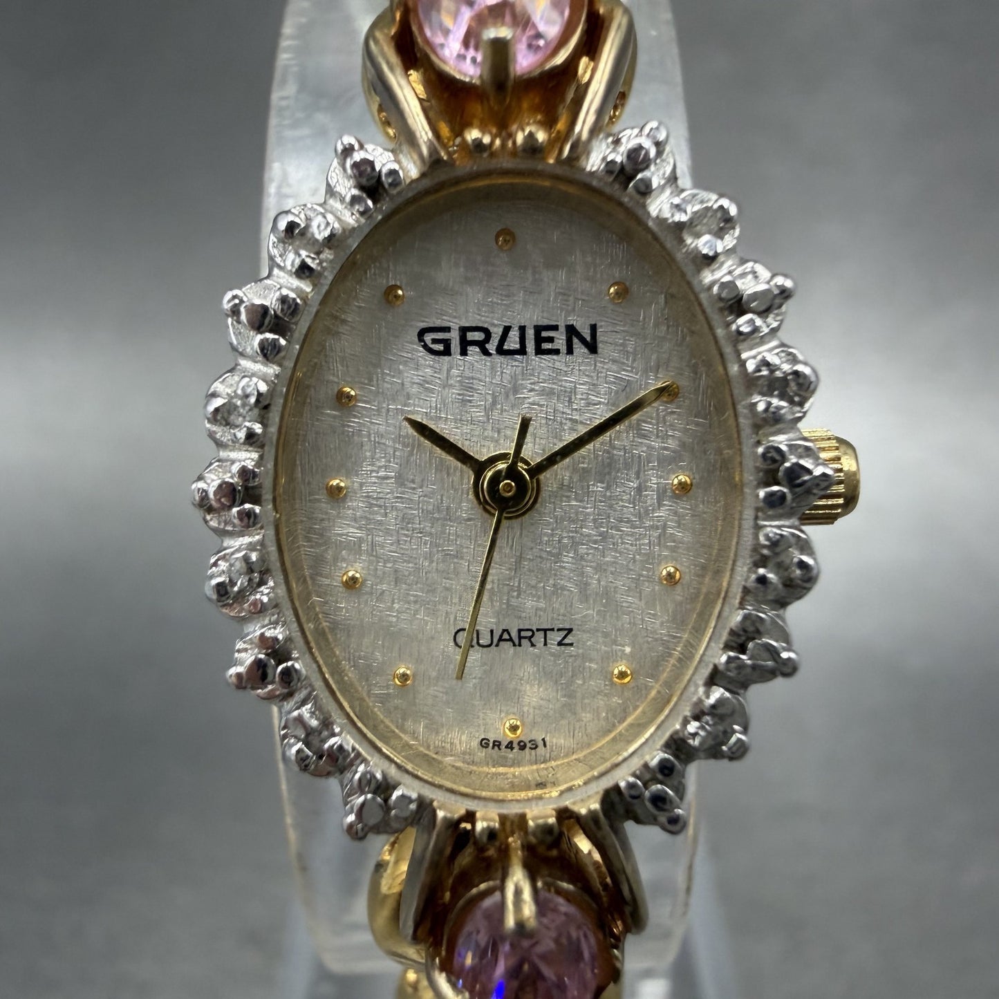 Gruen Watch Women 18mm White Dial Gold Tone Oval Pink Gem Stones New Battery1