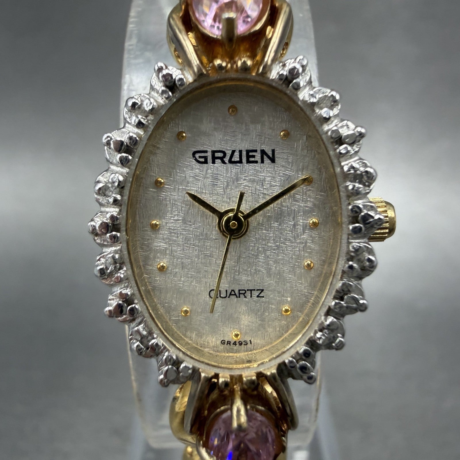 Gruen Watch Women 18mm White Dial Gold Tone Oval Pink Gem Stones New Battery1