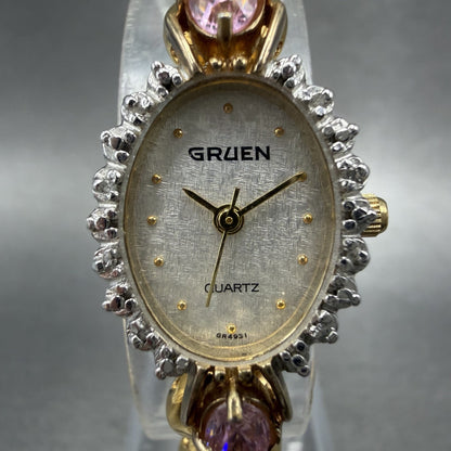 Gruen Watch Women 18mm White Dial Gold Tone Oval Pink Gem Stones New Battery1