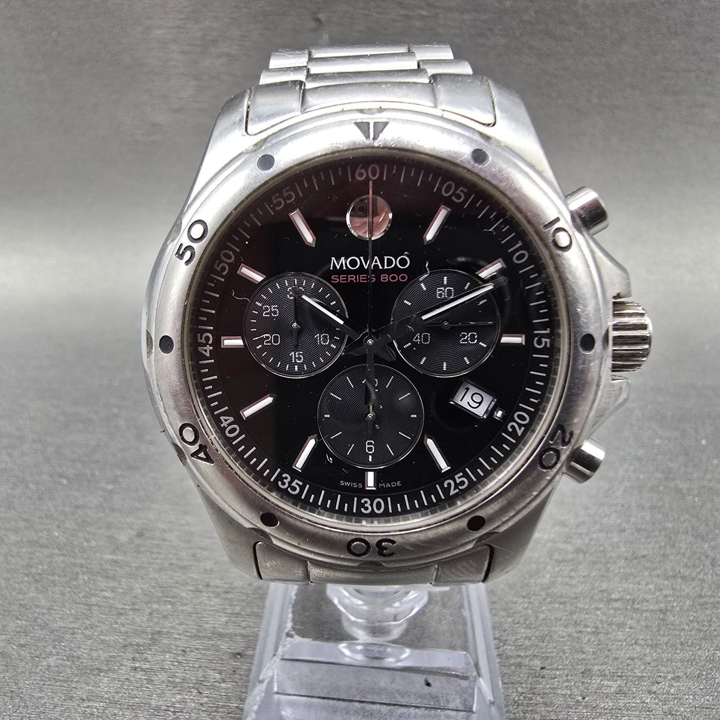 Movado Series 800 Chronograph Watch Men 42mm Black Dial Steel Round New Battery0