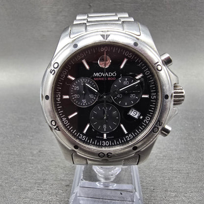 Movado Series 800 Chronograph Watch Men 42mm Black Dial Steel Round New Battery0