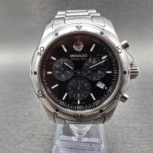 Movado Series 800 Chronograph Watch Men 42mm Black Dial Steel Round New Battery0