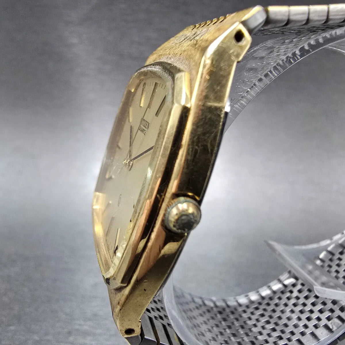 Citizen CQ Watch Men 32mm Gold Dial Gold Tone Rectangle 4-711572 Tank VTG PARTS3