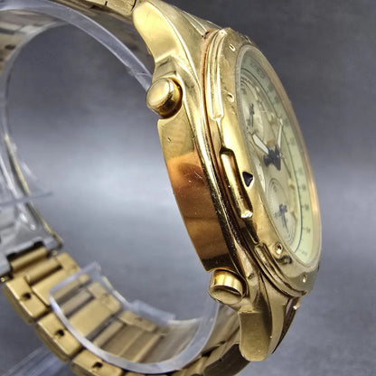 Seiko Chronograph Watch Men 39mm Gold Dial Gold Tone Date Round 7T32-6M59 PARTSK4