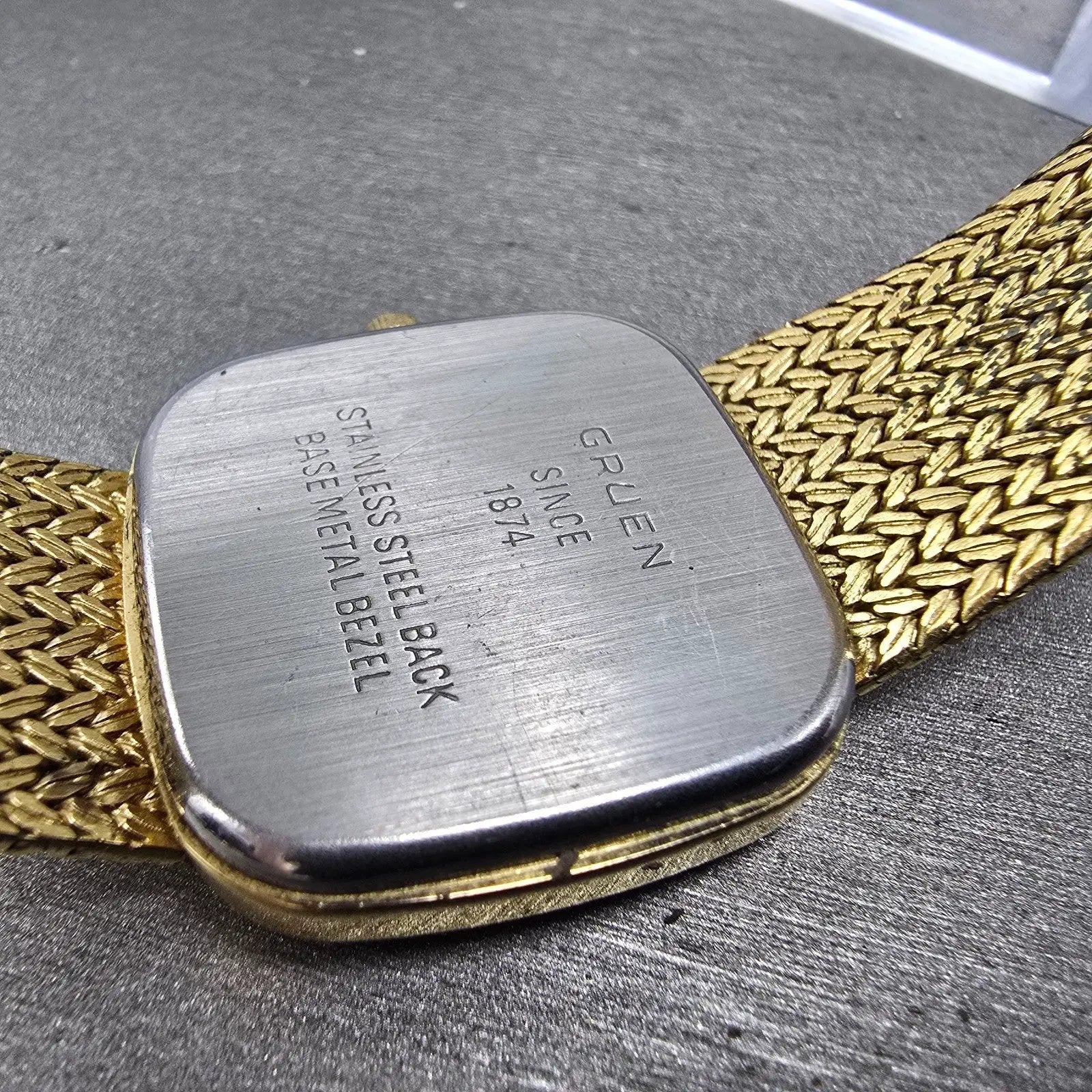 Gruen Tank Watch Men 30mm Gold Dial Gold Tone Rectangle New Battery VTG9